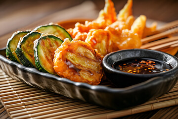 Crispy tempura vegetables with dipping sauce