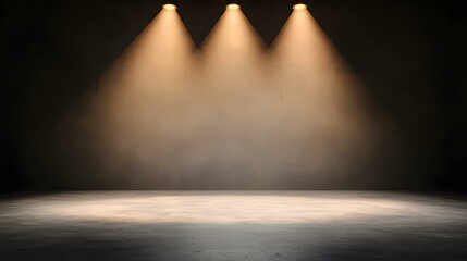 Three spotlights illuminate a dark room with a concrete floor and wall.
