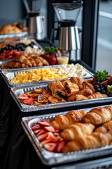 Breakfast Buffet: A spread of croissants, scrambled eggs, fruit platters, and coffee urns. Catering. Hotel. Morning.