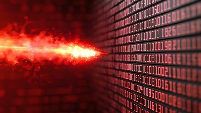 A fiery, red arrowhead-shaped projectile pierces a wall of binary code, symbolizing a potent digital attack or data breach.