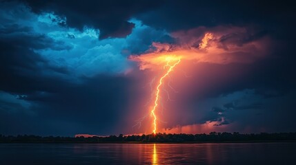 Obraz premium Lightning strike over dark water, with storm clouds in background; for weather concept