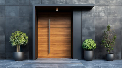 Modern brown wooden front door of white house with plants