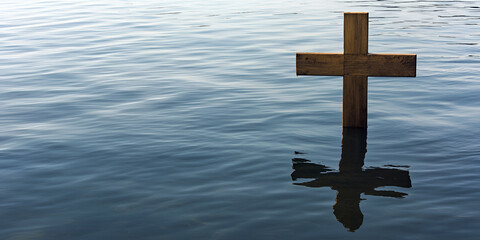 Wooden Cross in Water: A rustic wooden cross stands partially submerged in calm water, its reflection mirrored on the surface, creating a serene and contemplative scene.  