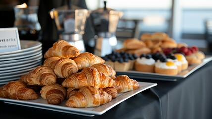 Breakfast Buffet: A spread of croissants, scrambled eggs, fruit platters, and coffee urns. Catering. Hotel. Morning.