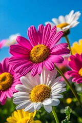 Obraz premium Vibrant Wildflower Meadow A Stunning Close-Up of Pink and White Daisies under a Bright Blue Sky