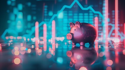 A 3D Render of a Piggy Bank Surrounded by Graphs and Data Visualization Elements with Neon Colors Representing Financial Growth and Investment Opportunities