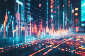 Digital Stock Market: Dynamic data streams of vibrant orange and blue illuminate a futuristic cityscape, symbolizing the ever-changing landscape of the global stock market.