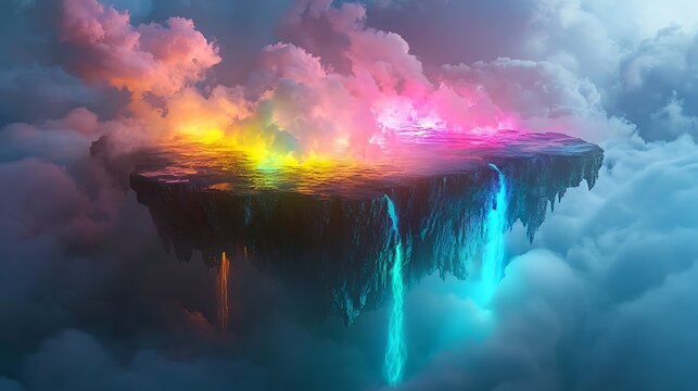 Vibrant Floating Island Amidst Colorful Clouds with Cascading Waterfalls in Dreamy Atmosphere - Powered by Adobe