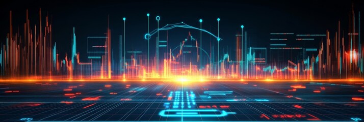 Dynamic Glowing Chart Lines Visualizing A Futuristic City Skyline With A Bright Neon Color Palette