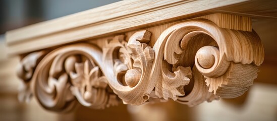 Intricate wooden scrollwork detail captured in warm tones showcasing expert craftsmanship in a carpentry workshop with soft natural light.