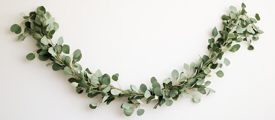 Eucalyptus branches create a lush green wreath displayed in a flat lay position against a light neutral background showcasing natural elegance