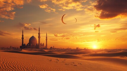 Obraz premium Background of Islamic Theme. A mosque in the desert with beautiful sunset