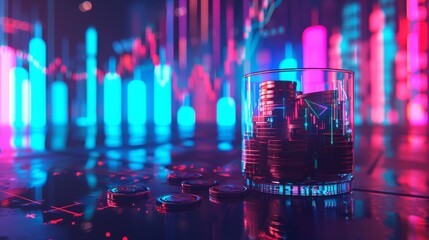 Futuristic financial background featuring stacks of coins in a glass jar surrounded by glowing neon bars and digital charts, symbolizing economic growth and investment opportunities.