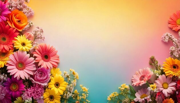 Kolorowa tęczowa ramka z kompozycją kwiatową; miejsce do kopiowania na gradientowym tle: do baner&oacute;w i miniatur.