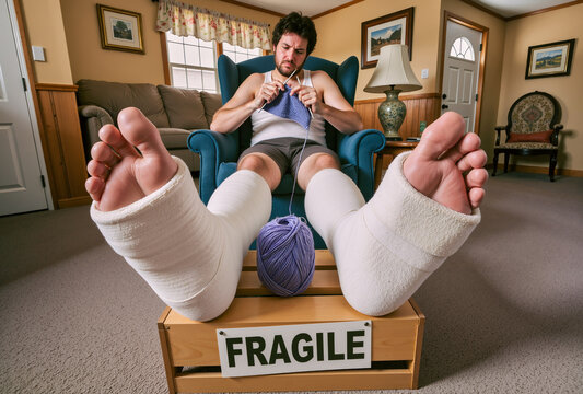 Injured Man with Both Legs in Casts Knitting to Pass Time at Home