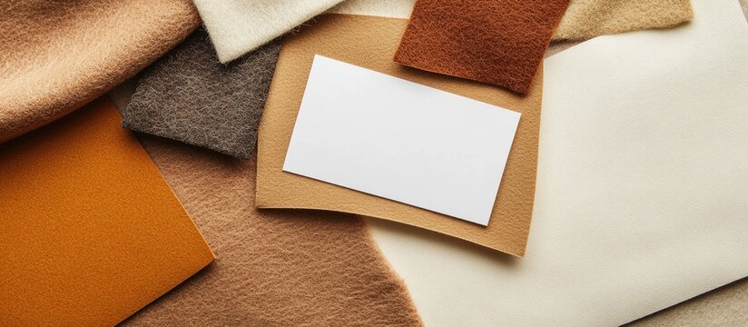 Neutral felt sheets in shades of beige, brown, and orange arranged flat with an empty white label centered for customizable messages and ample space.