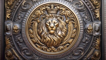 A luxurious golden lion emblem on an intricately designed door
