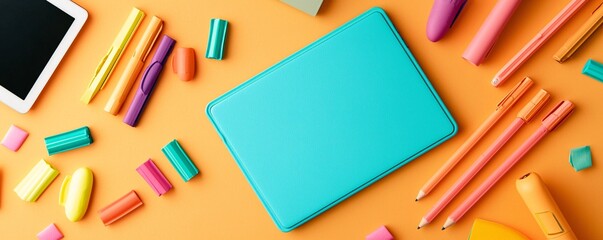 A desk filled with productivity tools like planners, sticky notes, a tablet, and motivational quotes.