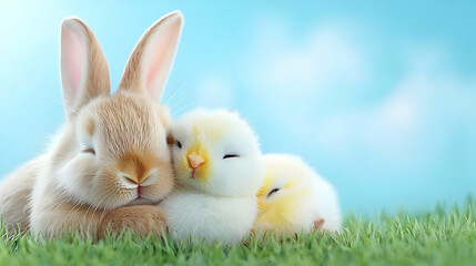 Obraz premium Bunny and chicks cuddling on grass, spring sky. Easter card