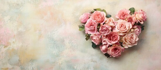 Romantic floral heart made of soft pink roses on a pastel textured background with ample blank space for your custom message or design.