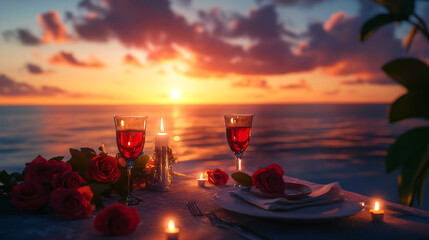 Romantic sunset dinner setup with roses and red wine by the ocean.