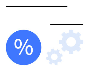 Percentage sign in blue circle, two light blue gears, and black lines at top representing analytics, data, optimization, mechanical processes. Ideal for efficiency, performance improvement, technical