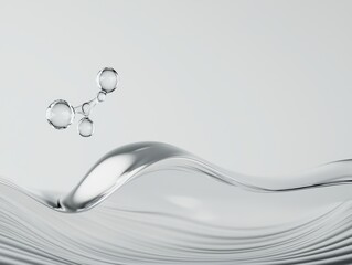 Dynamic composition of a water molecule above a calm rippling surface, blending science and nature in a minimalist 3D style