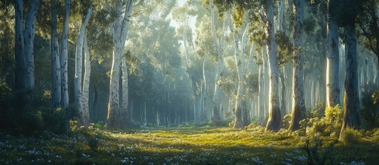 Eucalyptus forest with tall white trunks in soft green light creating a serene atmosphere with lush grass and gentle shadows on the ground