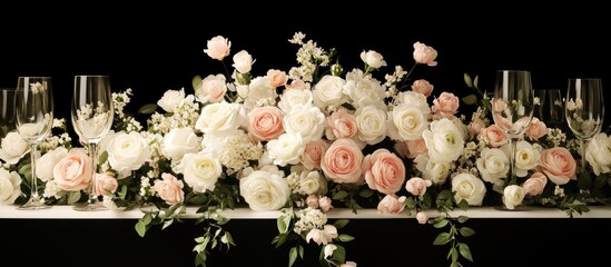 Elegant floral arrangement for bridal table showcasing lush white and pink roses with ranunculus on a black background, framed by glassware.