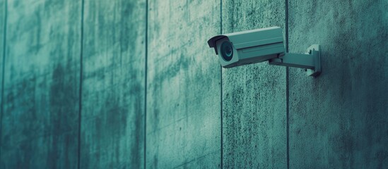 Surveillance camera mounted on rough gray concrete wall with a cool green hue creating a modern and secure atmosphere of safety and monitoring.