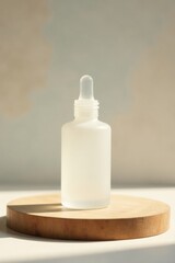A frosted glass bottle with a dropper top sits on a light wood disc, bathed in soft sunlight.