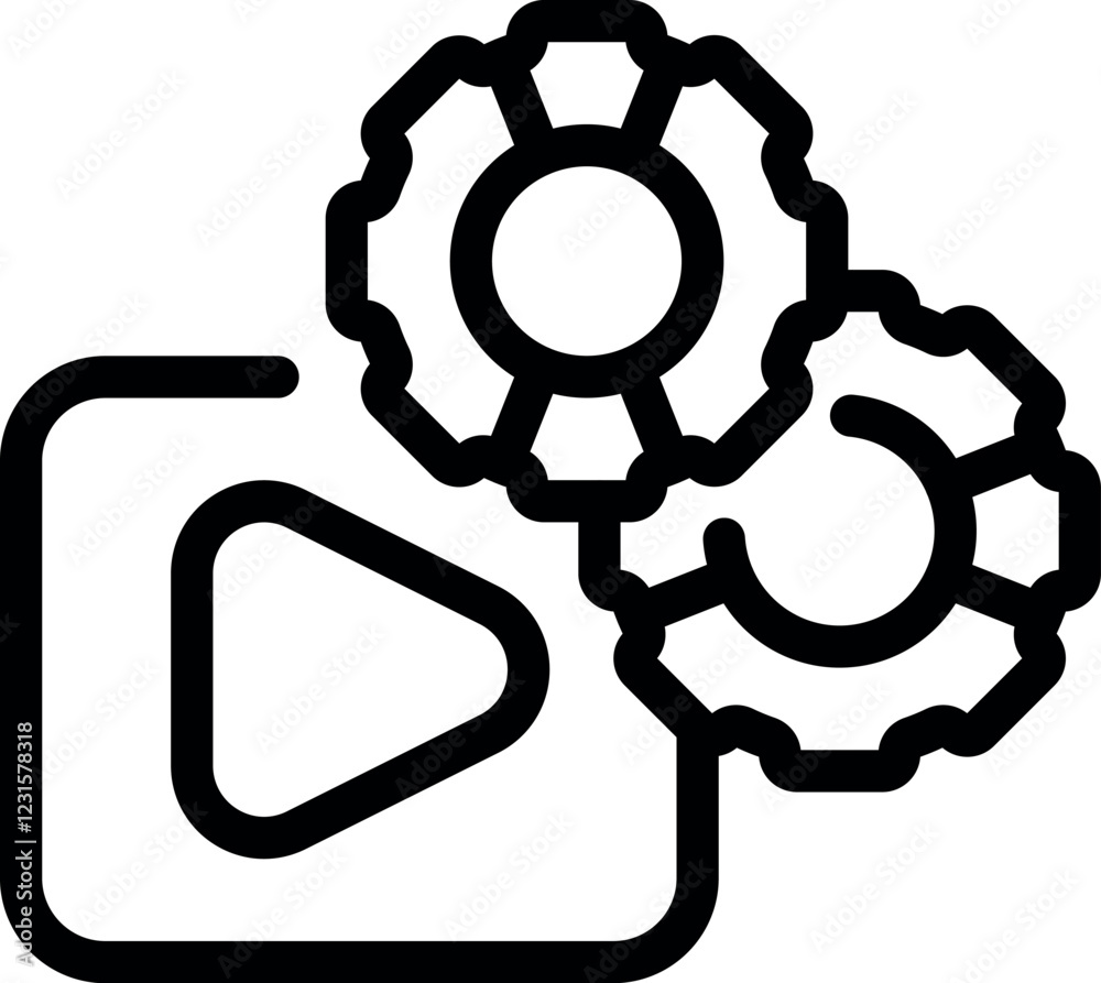 Poster gears rotating and optimizing video player button, symbolizing automated video playback process