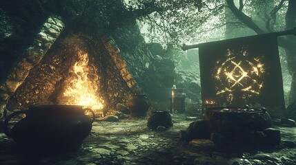 Mystical Forest Ritual  Ancient Ceremony  Burning Fire  Cauldron