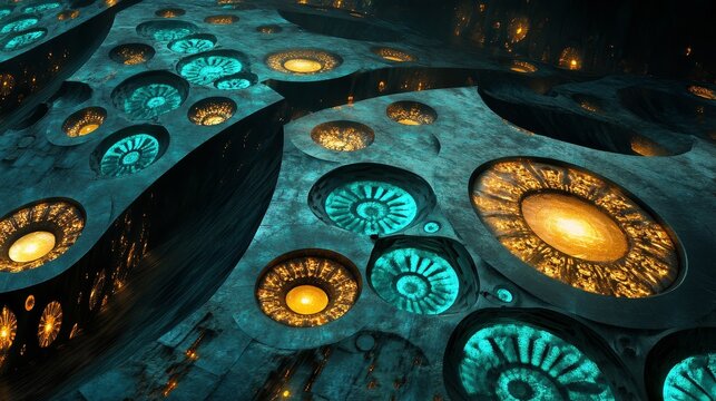 Explore a captivating abstract scene featuring intricate circular patterns illuminated by vibrant colors. The design resonates with modern artistic flair and depth.