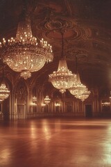 Obraz premium a postcard featuring a grand ballroom with sparkling chandeliers and luxurious decor, evoking a sense of extravagance. 