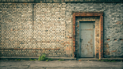 Industrial old brick wall with a wooden door. The texture and color of the brick emphasize the atmosphere of time and urban minimalism.