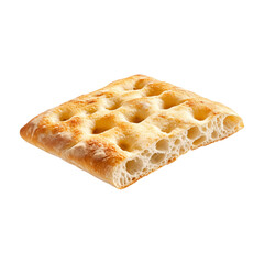 A delicious focaccia bread isolated on a white transparent background, Italian bread, usually flavored with olive oil and herbs.