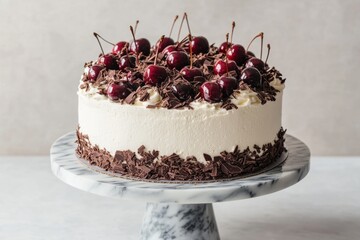 Delicious black forest cake topped with cherries kitchen food photography bright and inviting environment close-up view celebrating culinary artistry