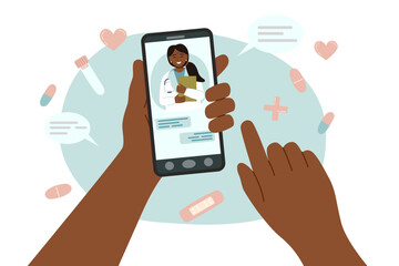 Online medical consultation with doctor. Patient’s hands interacting with mobile healthcare service. Concept of online medicine, healthcare, clinic, video call and remote treatment. 