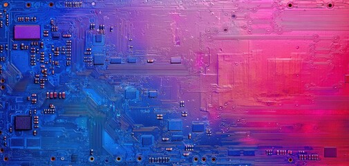 Vibrant electronic motherboard with illuminated pathways in blue and magenta, creating a dynamic tech-inspired abstract design