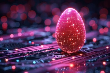 Neon pink Easter egg with geometric patterns on a tech motherboard background