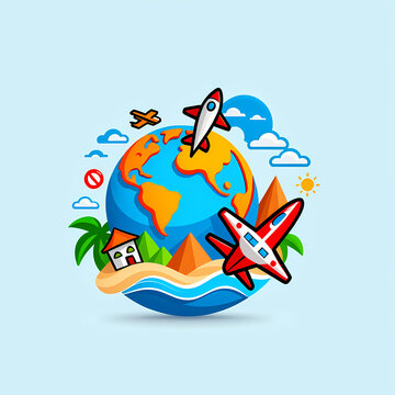 Travel around the world with planes and palm trees 
