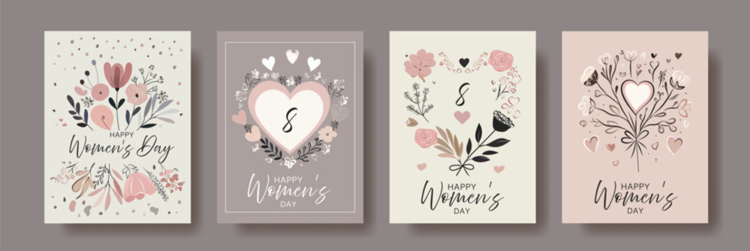 Elegant Floral Women's Day Greeting Cards – Set of Delicate Hand-Drawn Designs with Soft Pastel Colors, Hearts, and Botanical Elements for March 8 Celebration - Powered by Adobe