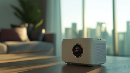 A sleek modern projector rests on a wooden table, illuminated by soft sunlight. The background features a stunning urban skyline through large windows, perfect for entertainment.
