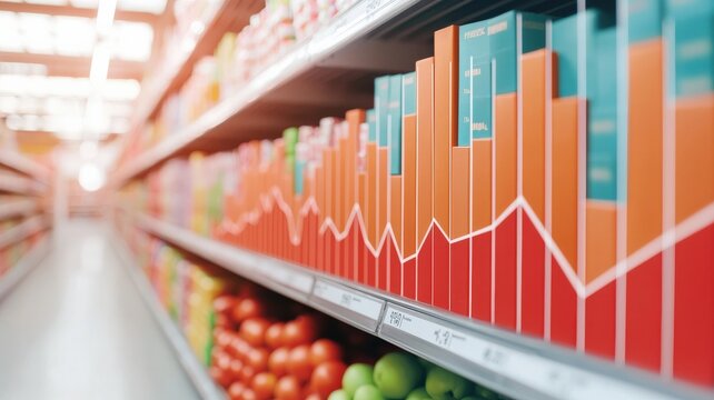 cost living groceries concept. Brightly colored bar graphs on shelves in a retail environment.