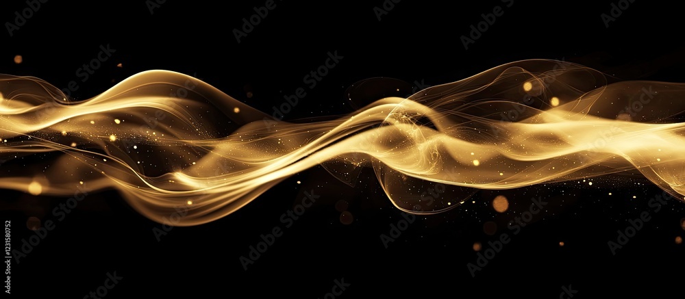 Leinwandbilder Golden bokeh swirls gracefully against a stark black background with shimmering golden hues creating an enchanting, ethereal visual effect.