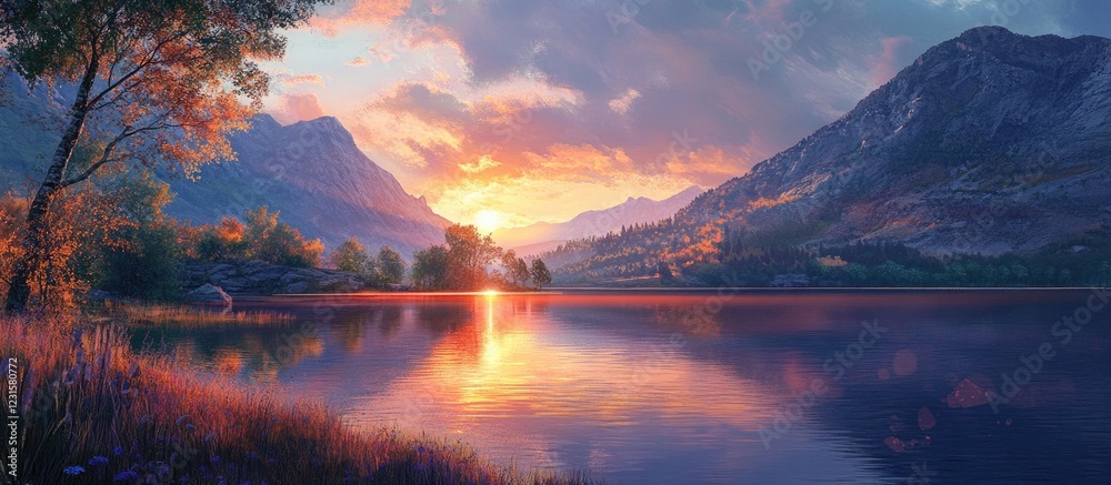 Poster serene sunset reflection over a calm lake surrounded by mountains and trees in warm orange and cool 