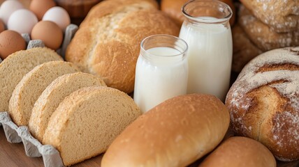 Naklejka premium cost living groceries concept. Assorted baked goods with milk and eggs on a wooden surface.