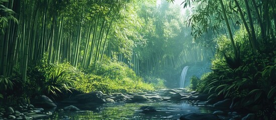 Obraz premium Serene bamboo forest scene with vibrant green foliage, sunlight filtering through trees, and a calm stream flowing through rocky terrain.