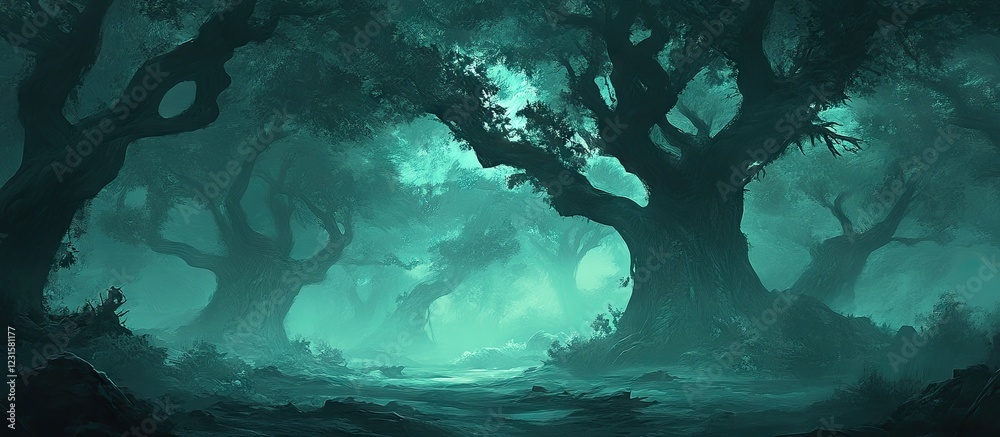Aufkleber Enchanted dark green forest scene with ancient trees and fog creating an ethereal atmosphere dimly lit from the center showcasing mystical elements